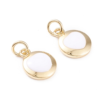 Brass Enamel Charms, with Jump Rings, Long-Lasting Plated, Flat Round with Heart, White, Real 18K Gold Plated, 12.5x10x2mm, Hole: 3mm