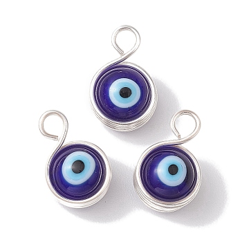 Copper Wire Warpped Handmade Lampwork Pendants, Evil Eye Charms, Silver, 17.5x11x9.5mm, Hole: 3mm