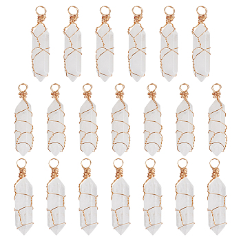 20Pcs Natural Quartz Crystal Pendants, Rock Crystal Pendants, Light Gold Plated Copper Wire Wrapped Double Terminated Point Bullet Charms, Faceted, 41x9x9mm, Hole: 3.8mm