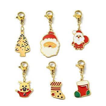 6Pcs 6 Styles Christmas Theme 316 Surgical Stainless Steel Enamel Pendant Decorations, Lobster Clasps Charms, for Keychain, Purse, Backpack Ornament, Mixed Color, 26~34mm, 1pc/style