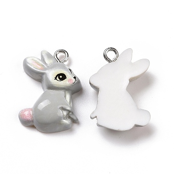 Opaque Resin Pendants, with Platinum Tone Iron Loops, Animals Charm, Gray, Rabbit Pattern, 22.5x15.5x6mm, Hole: 2mm