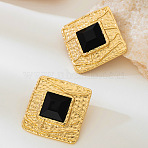 Alloy & Acrylic Stud Earrings, Textured Square, Golden, Black, 36x36mm(FS-WG485A1-01)