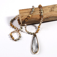 Bohemian Style Teardrop Glass Pendant Natural Dalmatian Jasper & Picture Jasper Round Beaded Long Necklaces for Women, 33.86~34.65 inch(86~88cm)(FS-WG767EC-03)