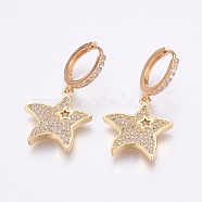 Brass Micro Pave Cubic Zirconia Dangle Hoop Earrings, Star, Clear, Golden, 35mm, Pin: 1mm(EJEW-F172-E02-G)