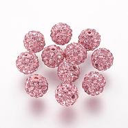 Polymer Clay Rhinestone Beads, Grade A, Round, Pave Disco Ball Beads, Light Rose, 10x9.5mm, Hole: 1.5mm(RB-K050-10mm-C26)