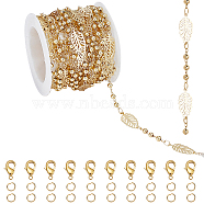 CHGCRAFT DIY Leaf Chain Bracelet Necklace Maknig Kit, Including Brass Leaf Link Chains with Round Beaded & Clasps, 304 Stainless Steel Jump Rings, Golden, Chain: 5M/bag(DIY-CA0005-12)