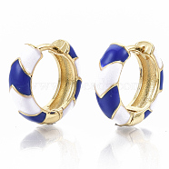 Brass Huggie Hoop Earrings, with Two Tone Enamel, Real 18K Gold Plated, Blue, 16x16.5x5mm, Pin: 1x1mm(EJEW-S209-04B)
