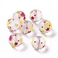 Transparent Glass Beads, with Enamel, Round, Red, Star Pattern, 11.5~12x11mm, Hole: 1.5~1.6mm(LAMP-B021-03A-09)