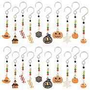 Halloween Theme Alloy Enamel Pendant Decorations, with Glass Beads and Stainless Steel S-Hook Clasps, Spider Web/Pumpkin/Witch Hat, Mixed Color, 63~74mm, 10 style, 2pcs/style, 20pcs/set(HJEW-AB00251)