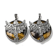 Natural Tiger Eye Flat Round Pendants, Rack Plating Brass Dragon Charms, Antique Silver, Cadmium Free & Lead Free, 38x32x7mm, Hole: 8x5mm(G-F766-05AS-05)