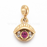Ion Plating(IP) 304 Stainless Steel Charms, with Rhinestone and Tube Bails, Eye, Fuchsia & Crystal, Golden, 14.7mm, Pendant: 9.6x8.5x2.3mm, Hole: 2.5mm(X-STAS-F259-056G)