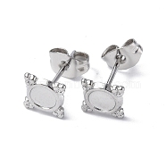 304 Stainless Steel Stud Earring Findings, Square with Round Tray Earring Settings, with Ear Nuts, Stainless Steel Color, Tray: 4mm, 7x7mm, Pin: 0.7mm(STAS-F286-05P)