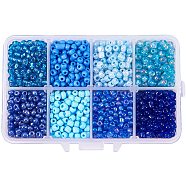 Mixed Style 6/0 Round Glass Seed Beads, Blue, 4mm, Hole: 1.5mm, about 1900pcs/box(SEED-PH0006-4mm-03)