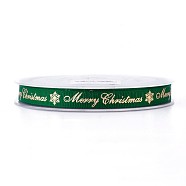 Polyester Grosgrain Ribbon for Christmas, Snowflake & Word, Green, 9mm, about 100yards/roll(SRIB-P013-C01)