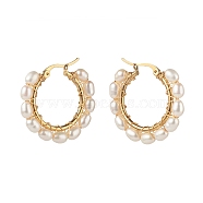 Natural Pearl Beads Brass Hoop Earrings, with 304 Stainless Steel Hooks, Ring, White, 30x30~32x4.5mm, Pin: 0.7mm(EJEW-JE04565-01)