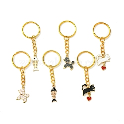 Alloy Enamel Pendant Keychain, with Iron Rings, Dog & Cat & Fish Bone, Golden, 7.3~7.5cm(KEYC-JKC00568)