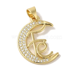 Rack Plating Brass Micro Pave Clear Cubic Zirconia Pendants, Cadmium Free & Lead Free, Long-Lasting Plated, Real 18K Gold Plated, Moon, 21x15.5x1.5mm, Hole: 5x3.5mm(KK-P267-11F-G)