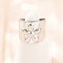 304 Stainless Steel Wide Band Cuff Open Rings for Women, Flower, Stainless Steel Color, 17.5mm, Inner Diameter: 18mm(RJEW-A102-08P)