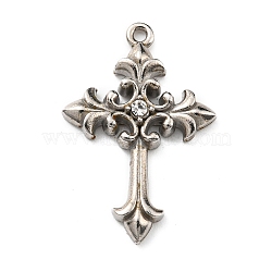 304 Stainless Steel with Rhinestone Pendants, Cross Charms, Stainless Steel Color, 28x18.5x3.5mm, Hole: 1.4mm(STAS-G310-36P)