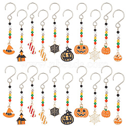 Halloween Theme Alloy Enamel Pendant Decorations, with Glass Beads and Stainless Steel S-Hook Clasps, Spider Web/Pumpkin/Witch Hat, Mixed Color, 63~74mm, 10 style, 2pcs/style, 20pcs/set(HJEW-AB00251)