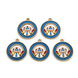 Alloy Enamel Pendants, Cadmium Free & Nickel Free & Lead Free, Flat Round with Spaceman, Light Gold, Steel Blue, 21.5x19x1.5mm, Hole: 1.6mm(ENAM-S126-073-NR)