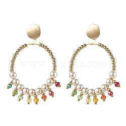 Round Shell Pearl Beads & Glass Beads Big Ring Dangle Stud Earrings, Brass Earring for Girl Women, Golden, Colorful, 64.5mm, Pin: 0.7mm(X1-EJEW-TA00013)