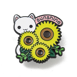 Cartoon Cat Shape Theme Black Alloy Brooches, Enamel Pins, Flower, 28.5x27mm(JEWB-A025-02A)