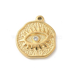 304 Stainless Steel Pendants, with Rhinestone, Golden, Eye Charm, Flat Round, 21x19x3.5mm, Hole: 1.6mm(STAS-I322-32G-04)