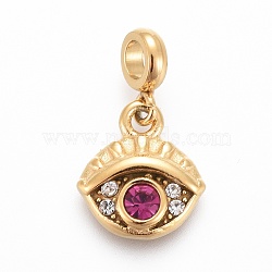 Ion Plating(IP) 304 Stainless Steel Charms, with Rhinestone and Tube Bails, Eye, Fuchsia & Crystal, Golden, 14.7mm, Pendant: 9.6x8.5x2.3mm, Hole: 2.5mm(X-STAS-F259-056G)