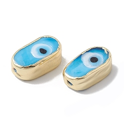 Brass Beads, with Enamel, Real 18K Gold Plated, Oval with Evil Eye, Deep Sky Blue, 14x8x6mm, Hole: 1.4mm(KK-A176-08G-01)