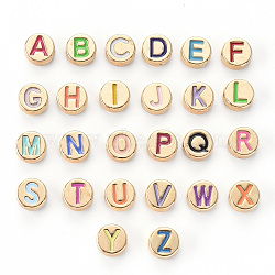 Alloy Enamel Beads, Cadmium Free & Lead Free, Flat Round with Initial Letters, Light Gold, Letter A~Z, 8x4mm, Hole: 1.5mm, 26 Letters, 1pc/color, 26pcs(ENAM-YW0001-27LG)