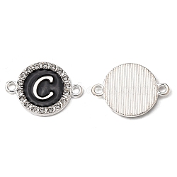 Alloy Enamel Links Connectors, with Crystal Rhinestones, Flat Round with Letter, Silver Color Plated, Letter.C, 22x16x2mm, Hole: 1.8mm(ENAM-TAC0003-01S-02C)