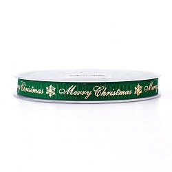 Polyester Grosgrain Ribbon for Christmas, Snowflake & Word, Green, 9mm, about 100yards/roll(SRIB-P013-C01)