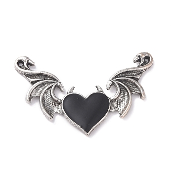 Alloy Emanel Big Pendants, Heart with Wing Charm, Antique Silver, Black, 34x54x3mm, Hole: 1.5mm