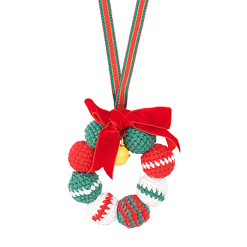 Crochet Christmas Wreath with Bell Hanging Pendant Decorations, for Auto Rear View Mirror and Car Interior Hanging Accessories, Dark Red, 270mm