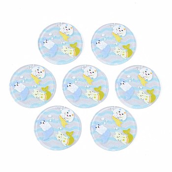 Transparent Printed Acrylic Pendants, with Glitter Powder, Flat Round with Mermaid, Light Sky Blue, 38x2mm, Hole: 1.4mm