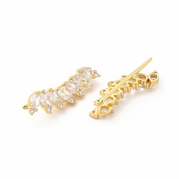 Brass Micro Pave Cubic Zirconia Stud Crawler Earrings, Leaf Climber Earrings for Women, Lead Free & Cadmium Free, Real 18K Gold Plated, 24x8x3mm, Pin: 1mm