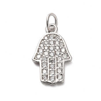 925 Sterling Silver Micro Pave Clear Cubic Zirconia Hamsa Hand Pendants, Religion Charms with Jump Rings and 925 Stamp, Rhodium Plated, Platinum, 16.5x8.5x1mm, Hole: 2mm