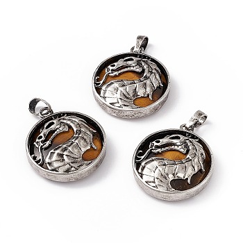 Natural Tiger Eye Pendants, Flat Round Charms with Rack Plating Antique Silver Tone Brass Dragon, Cadmium Free & Lead Free, 32x28x7.5mm, Hole: 8.5x5mm