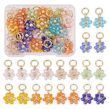 40Pcs 10 Colors Electroplate Glass Pendants, with Brass Beads and 304 Stainless Steel Open Jump Rings, Flower Charms, Mixed Color, 16mm, Hole: 6mm, 4Pcs/color