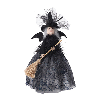 Cloth Witch Tree Top Star Doll Ornament, for Halloween Home Party Decorations, Witch with Spider Web Dress, Black, 285x210mm