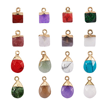 16Pcs 16 Style Natural & Synthetic Gemstone Pendants, with Top Golden Plated Iron Loops, Faceted, Cut Round & Teardrop, 1pc/style