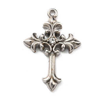 304 Stainless Steel with Rhinestone Pendants, Cross Charms, Stainless Steel Color, 28x18.5x3.5mm, Hole: 1.4mm