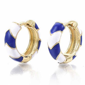 Brass Huggie Hoop Earrings, with Two Tone Enamel, Real 18K Gold Plated, Blue, 16x16.5x5mm, Pin: 1x1mm