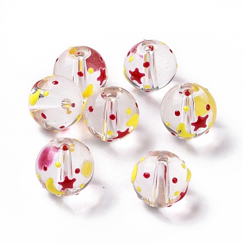 Transparent Glass Beads, with Enamel, Round, Red, Star Pattern, 11.5~12x11mm, Hole: 1.5~1.6mm