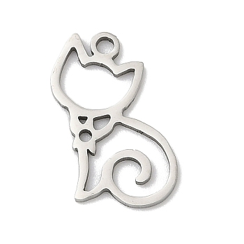 201 Stainless Steel Pendants, Cat Shape Charms, Stainless Steel Color, 17x9.5x1mm, Hole: 1.4mm