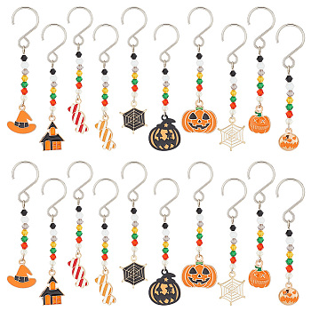 Halloween Theme Alloy Enamel Pendant Decorations, with Glass Beads and Stainless Steel S-Hook Clasps, Spider Web/Pumpkin/Witch Hat, Mixed Color, 63~74mm, 10 style, 2pcs/style, 20pcs/set