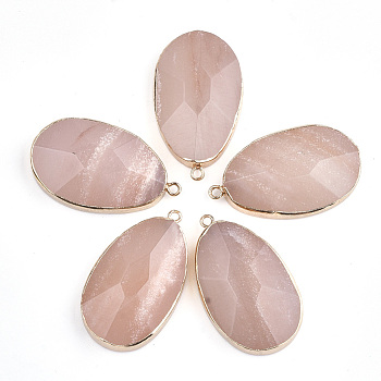 Electroplate Natural Pink Aventurine Pendants, with Iron Findings, teardrop, Golden, 41~42x24~25x8~9mm, Hole: 1.8mm