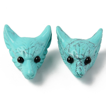Synthetic Turquoise Pendants, Top Drilled Beads, with Black Onyx Eye, Wolf Head, 30.5x23.5x11.5~13mm, Hole: 2mm