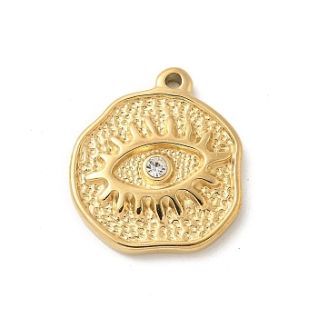 304 Stainless Steel Pendants, with Rhinestone, Golden, Eye Charm, Flat Round, 21x19x3.5mm, Hole: 1.6mm